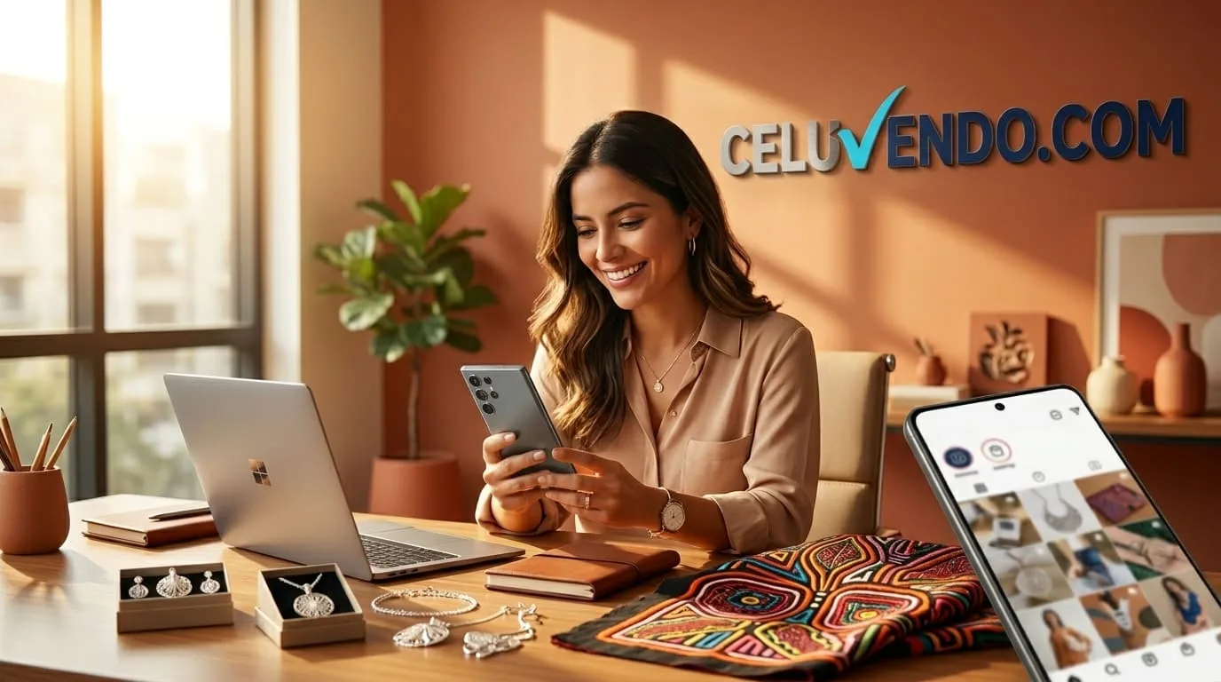 Mujer emprendedora colombiana usando su celular para gestionar su negocio