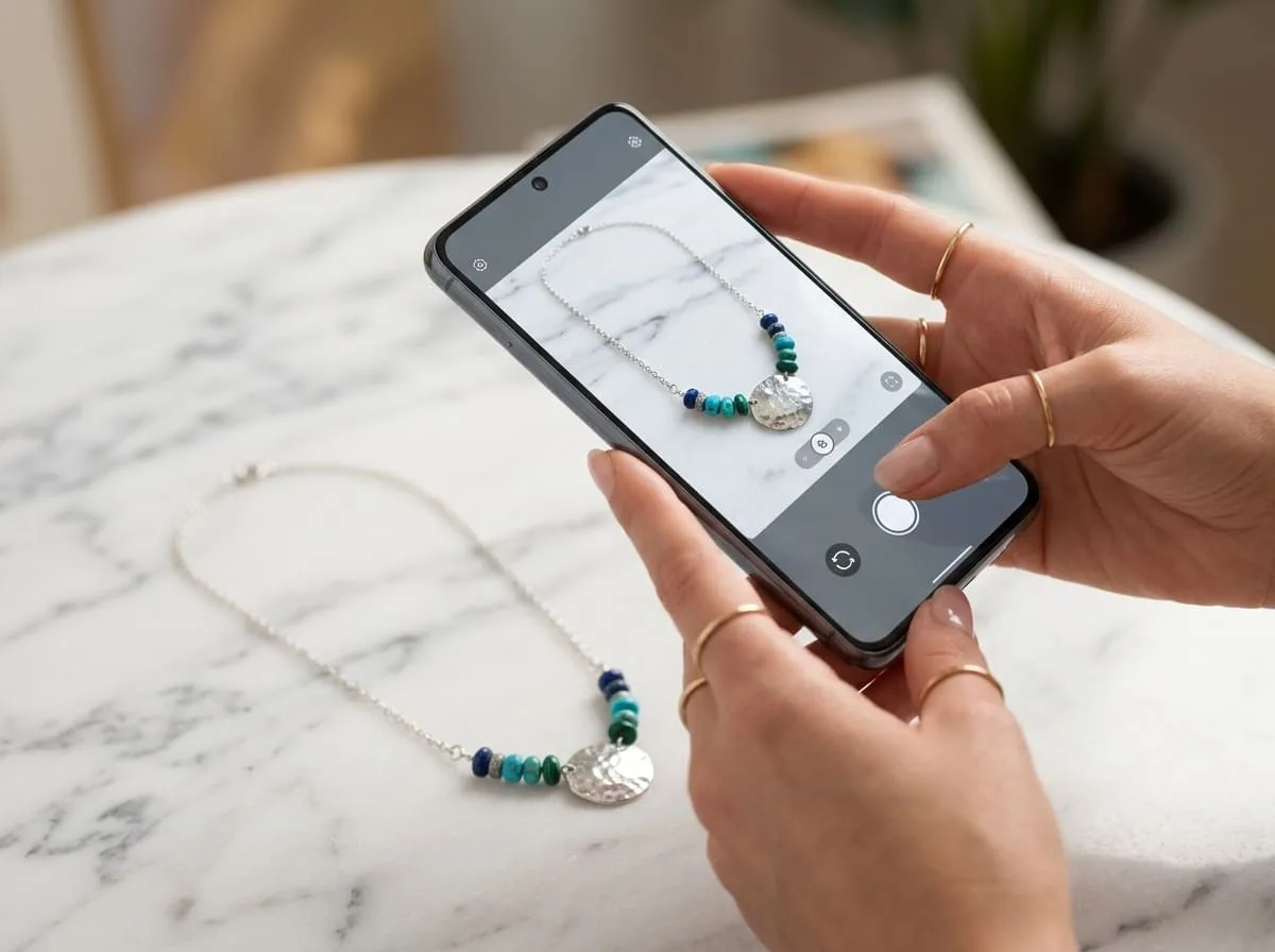 Mujer emprendedora fotografiando producto con smartphone de alta calidad