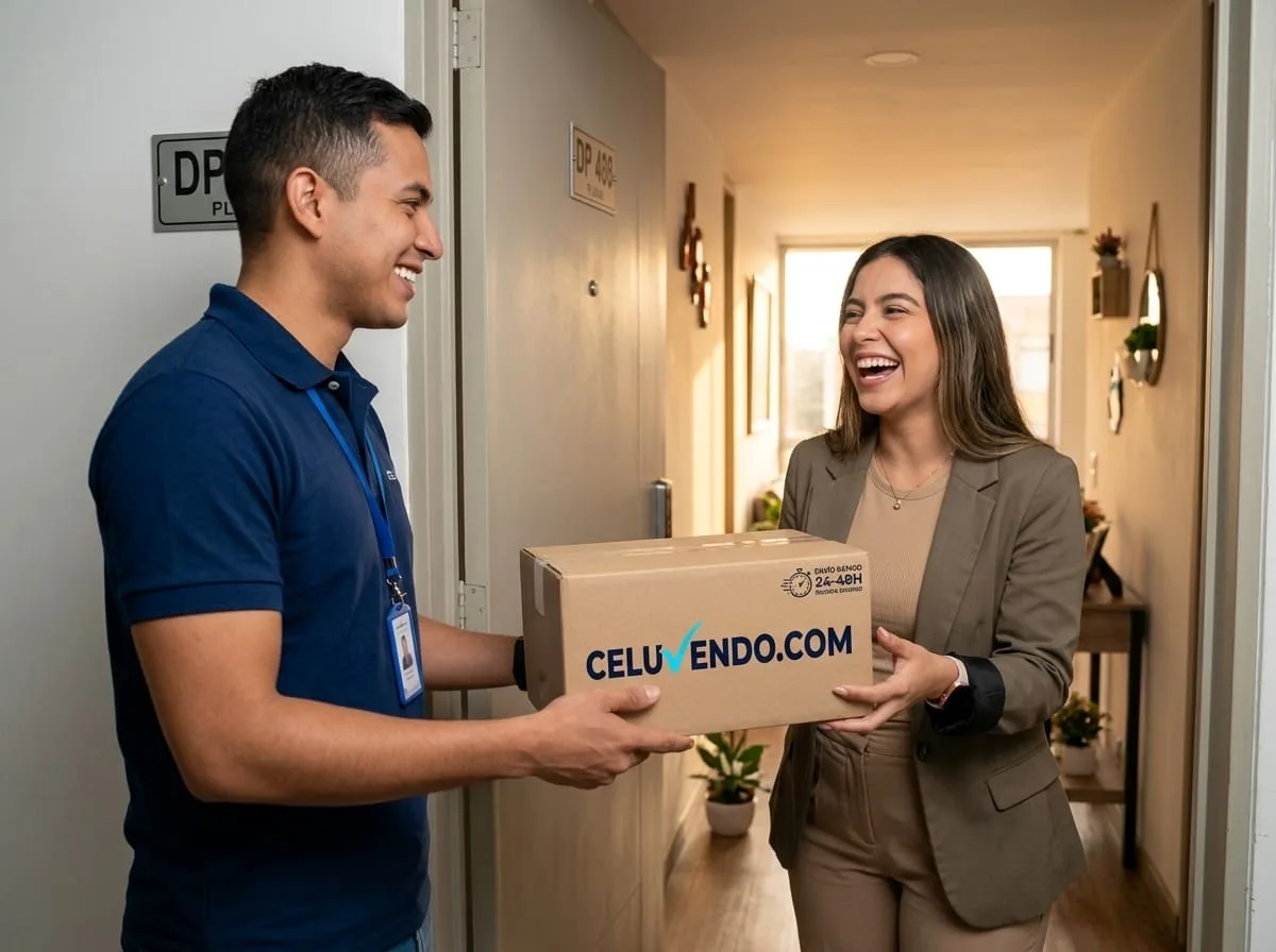 Emprendedora recibiendo su celular con envío rápido Celuvendo