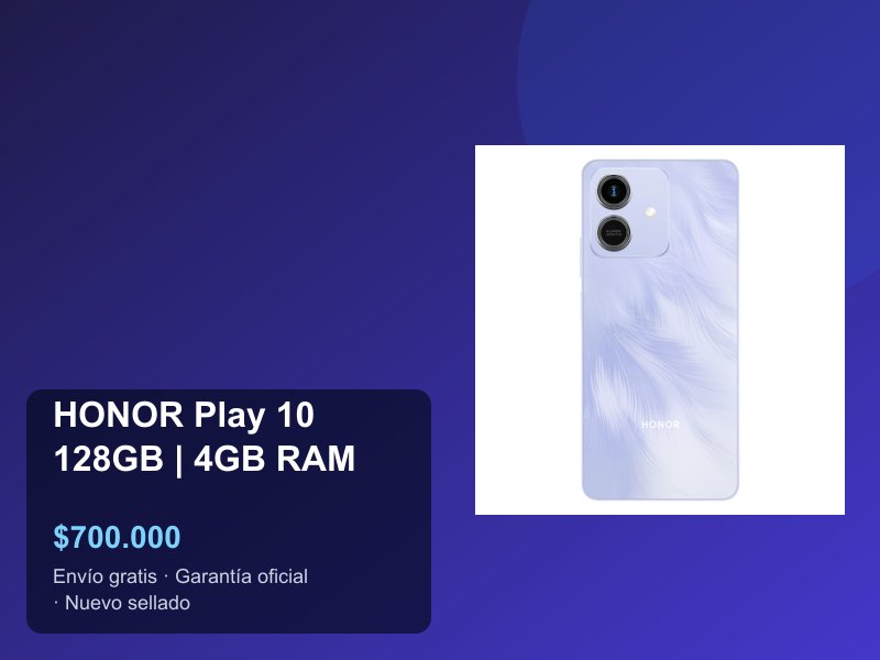 HONOR Play 10 morado estelar visto por detrás, con su precio de $700.000.
