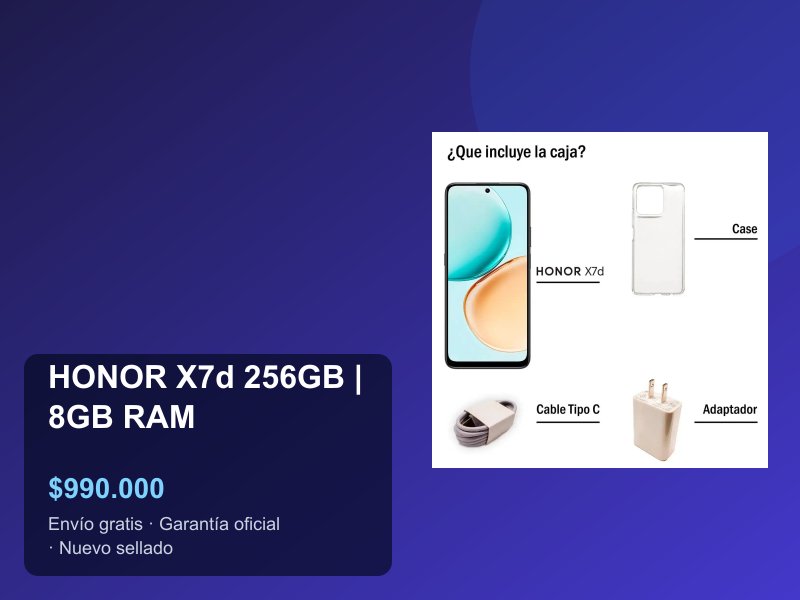 Lo que trae la caja del HONOR X7d: el celular, la funda transparente, el cable USB-C y el cargador de 35W.