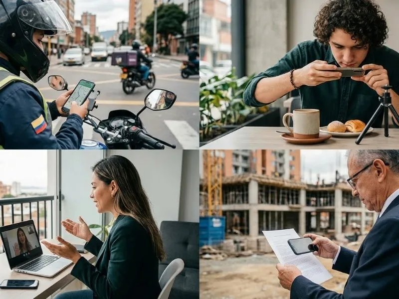 Diferentes profesionales colombianos usando celulares para trabajar