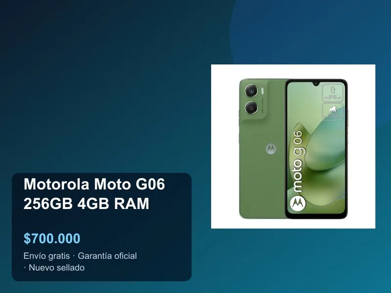 Motorola Moto G06 256GB Precio Colombia 2026: Pantalla 6.9\", NFC, IP64 y Android Puro a $700.000