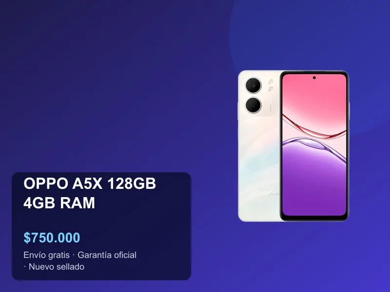 OPPO A5X 128GB Precio Colombia 2026: Batería 6000mAh, IP54 y Carga 45W a $750.000