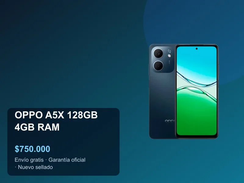 OPPO A5X 128GB Precio Colombia 2026: Batería 6000mAh, IP54 y Carga 45W a $750.000