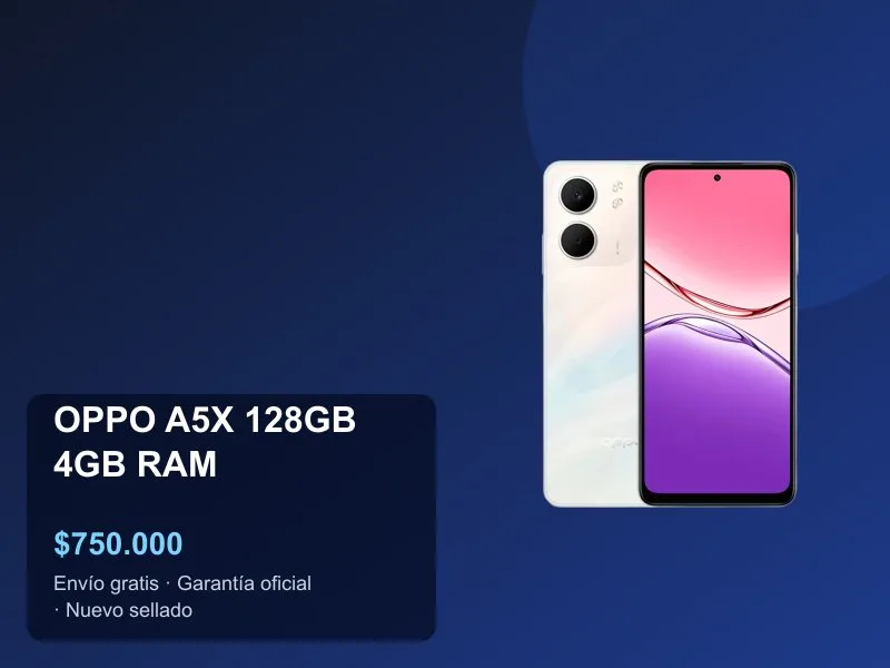 OPPO A5X 128GB Precio Colombia 2026: Batería 6000mAh, IP54 y Carga 45W a $750.000
