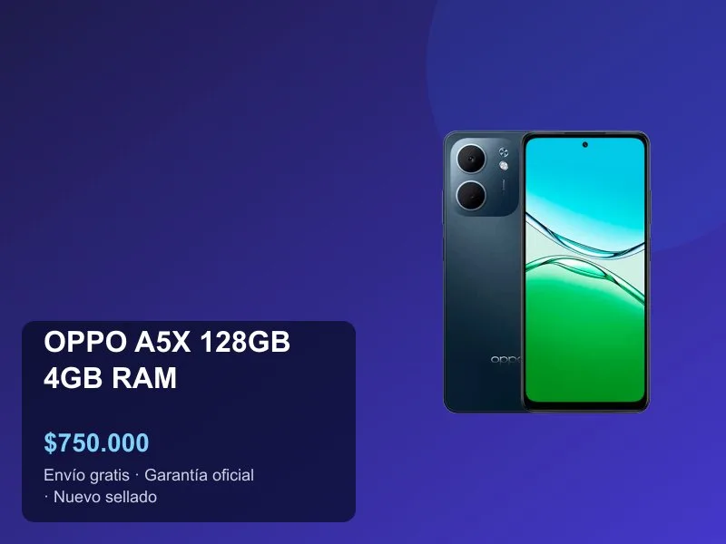 OPPO A5X 128GB Precio Colombia 2026: Batería 6000mAh, IP54 y Carga 45W a $750.000